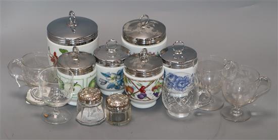 Six Royal Worcester large porcelain egg coddlers, eight smaller coddlers, two silver-topped bottles and five glass custard cups